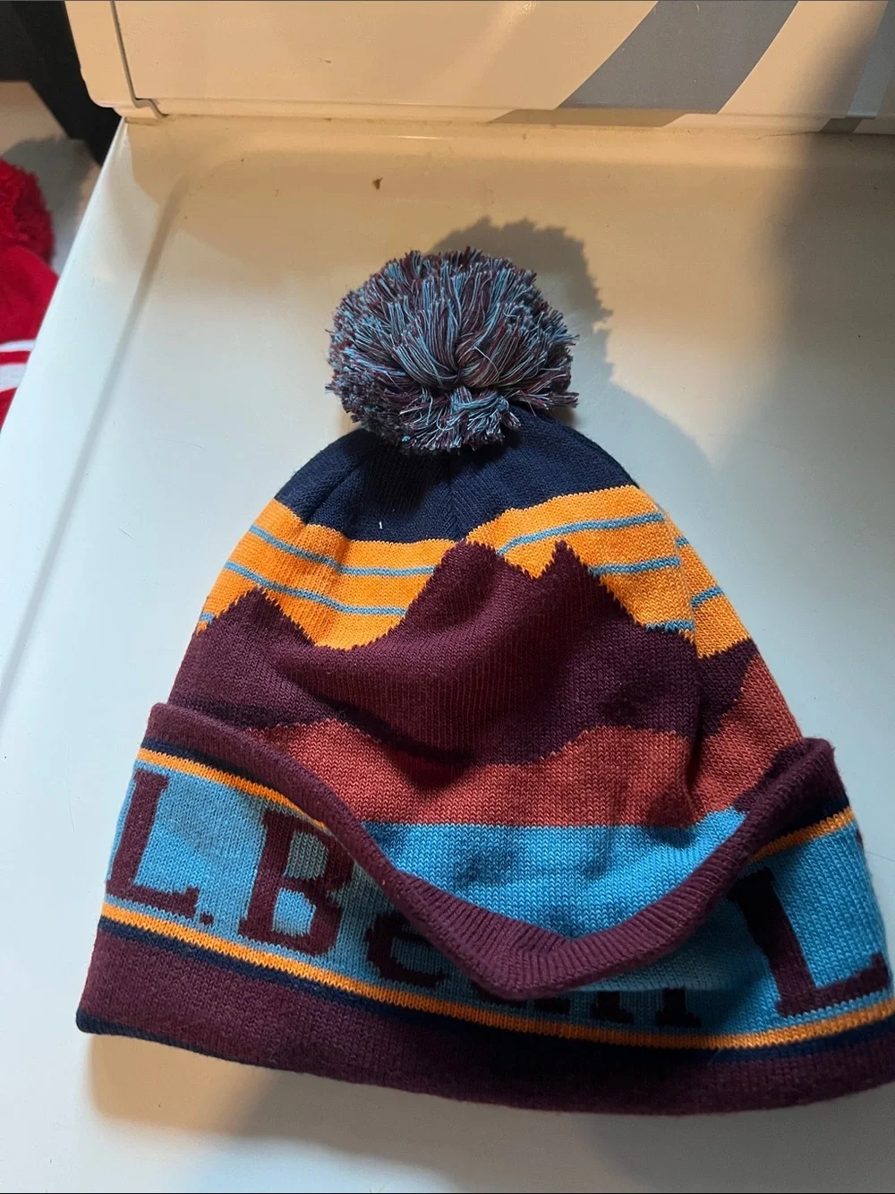 L.L. Bean Green Scenic Pom-Pom Adult Beanie with Multicolor Stripes